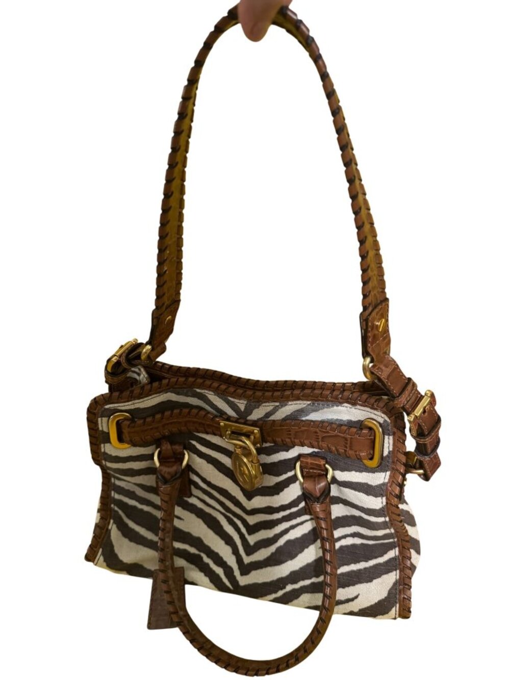 Michael Kors Hamilton Whipped Zebra Canvas Satchel Brown Leather Shoulder Bag - Picture 10 of 13
